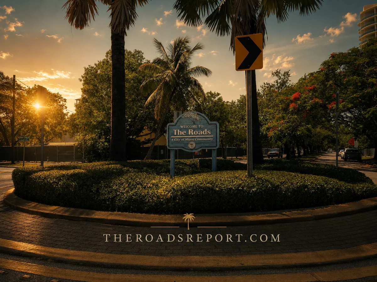 The Roads neighborhood entrance sign, set among mature oaks on a residential street in Miami